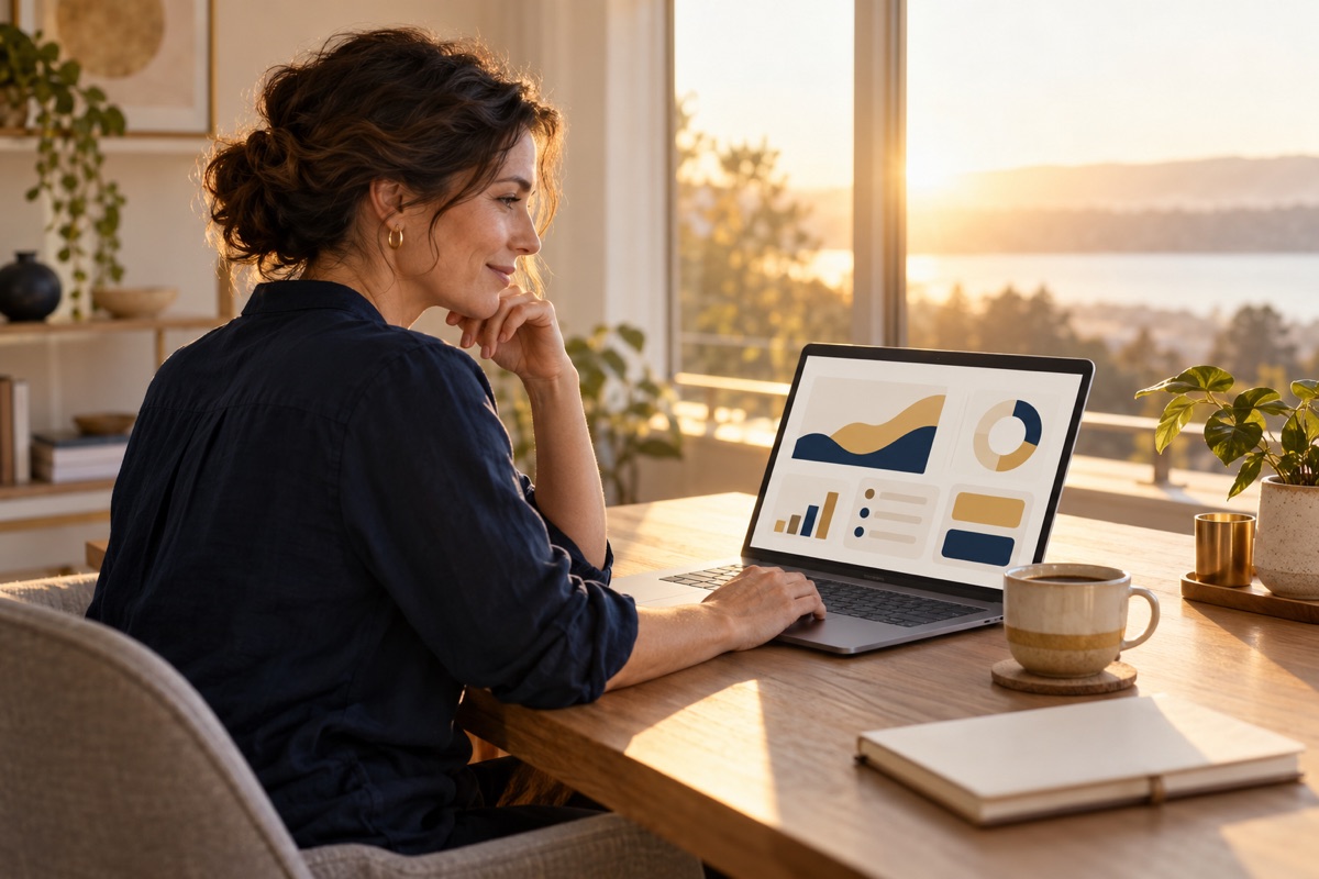 A business owner smiling at a simple dashboard on her laptop in a sunlit home office