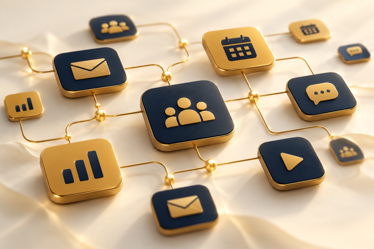 Connected app tiles for email, calendar, contacts, chat, analytics and video, linked by gold lines like a road map